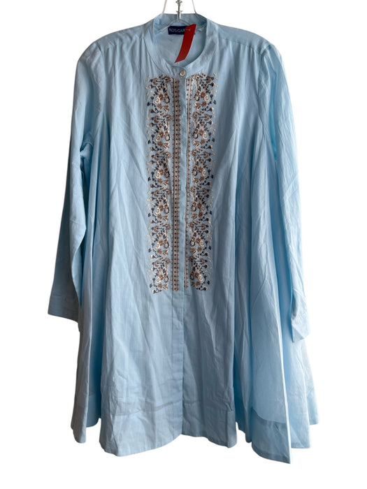 Ro's Garden Size Est M Blue Cotton Standing Collar Long Sleeve Embroidered Top Blue / Est M