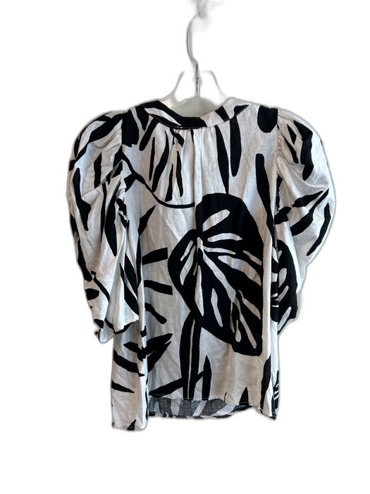 Christian Siriano Size S Black & White Linen & Rayon Tie V Neck 1/2 Sleeve Top Black & White / S