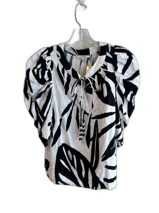 Christian Siriano Size S Black & White Linen & Rayon Tie V Neck 1/2 Sleeve Top Black & White / S