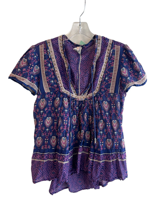 Raga Size S Purple Cotton Short Sleeve Paisley V Neck Neck Tie Top Purple / S
