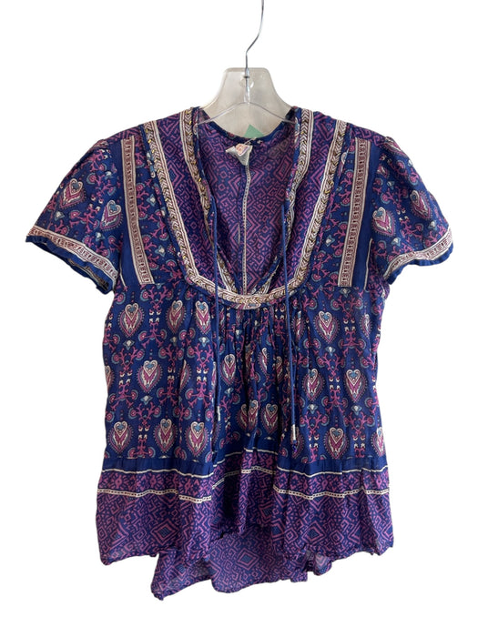 Raga Size S Purple Cotton Short Sleeve Paisley V Neck Neck Tie Top Purple / S