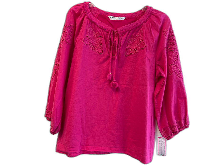 Trina Turk Size M Raspberry Cotton & Acetate Tie V Neck Long Sleeve Top Raspberry / M