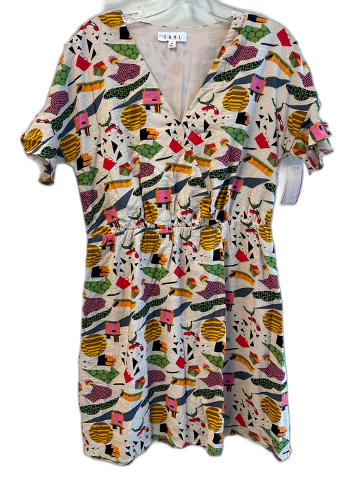 THML Size M Beige & Multi Rayon Blend V Neck Abstract Fold Over Dress Beige & Multi / M