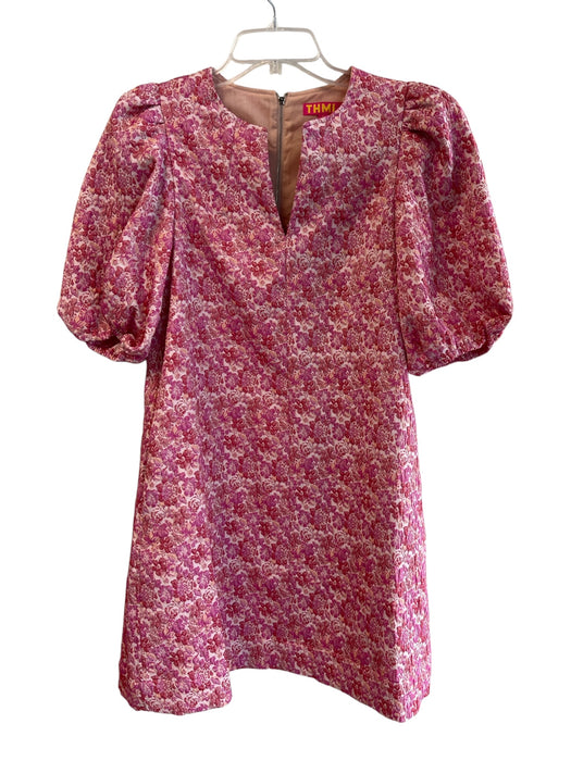 THML Size S Pink & Red Polyester Blend Floral Short Puff Sleeve Back Zip Dress Pink & Red / S