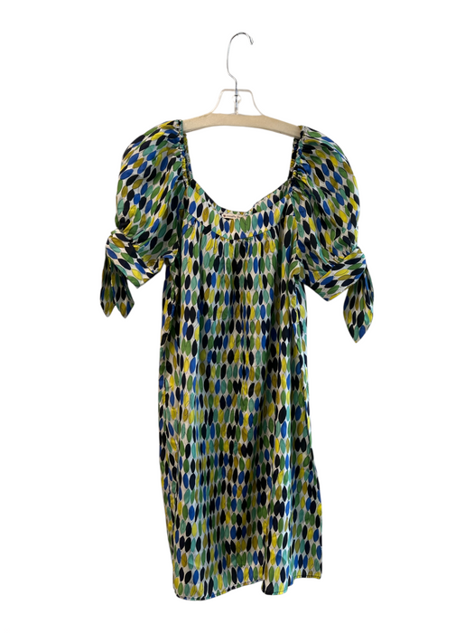 Nanette Lepore Size 8 Green, Blue & Black Silk Off Shoulder All Over Print Dress Green, Blue & Black / 8