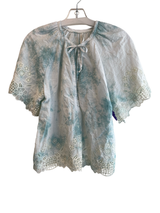 By Anthropologie Size XS White & Aqua Cotton round split neck Half Sleeve Top White & Aqua / XS