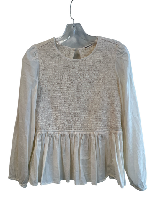Marine Layer Size Medium Ivory Cotton Blend Long Sleeve Shirred Round Neck Top Ivory / Medium