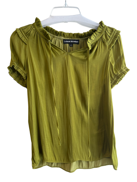 Catherine Malandrino Size XS Green Polyester Satin Solid Ruffle V Neck Top Green / XS