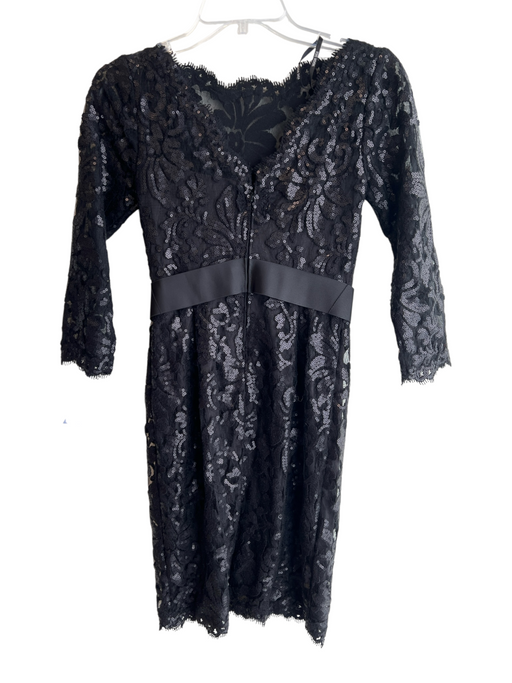 Tadashi Shoji Size 2P Black Cotton Blend Sequin Ribbon Waist 3/4 Sleeve Dress Black / 2P
