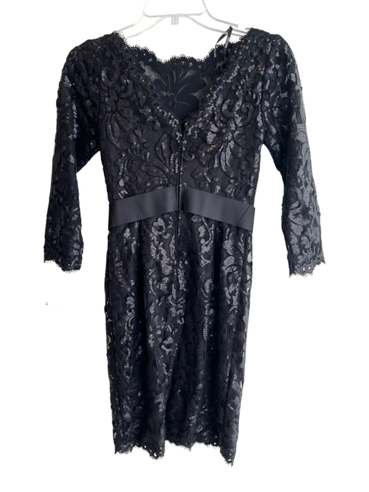 Tadashi Shoji Size 2P Black Cotton Blend Sequin Ribbon Waist 3/4 Sleeve Dress Black / 2P