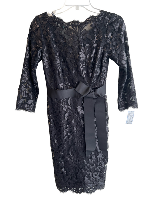 Tadashi Shoji Size 2P Black Cotton Blend Sequin Ribbon Waist 3/4 Sleeve Dress Black / 2P