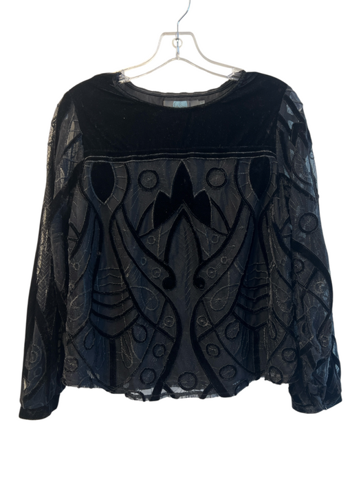 Eva Franco Size S Black Polarized Long Sleeve Velvet Accents Semi Sheer Top Black / S