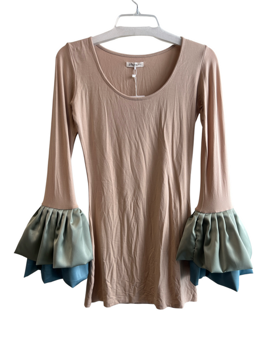 Pitusa Size Petite Beige & Blue Viscose Blend Long Sleeve Scoop Neck Dress Beige & Blue / Petite