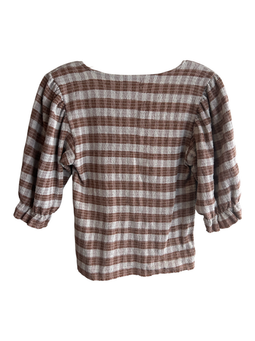 Nation Size M Brown 100% Pima Cotton Smocked Ginham V Neck Snap button Top Brown / M