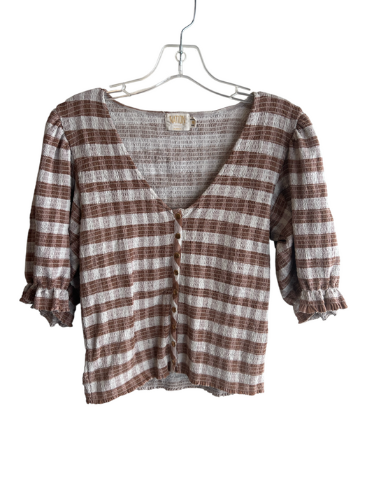 Nation Size M Brown 100% Pima Cotton Smocked Ginham V Neck Snap button Top Brown / M