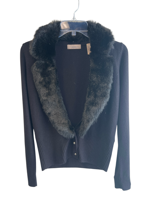 i.e. Size S Black Acrylic Faux Fur detachable collar 3 Button Cardigan Sweater Black / S