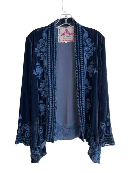 JW Los Angeles Size S Blue Rayon & Silk Velvet Embroidered Open Front Jacket Blue / S