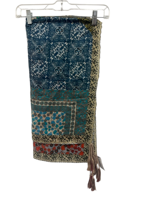Johnny Was Green, Beige, Multi Silk Tassels Floral Patchwork scarf Green, Beige, Multi / One Size
