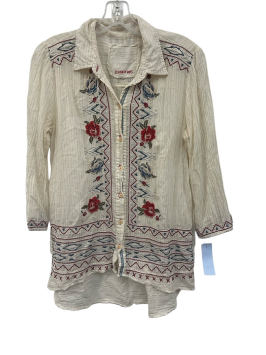 Johnny Was 3J Size S Cream, Red, Blue Cotton Long Sleeve Floral Embroidery Top Cream, Red, Blue / S
