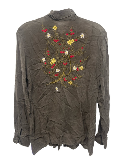 Johnny Was Size M Taupe Gray & Yellow Rayon Long Sleeve Floral Embroidery Top Taupe Gray & Yellow / M