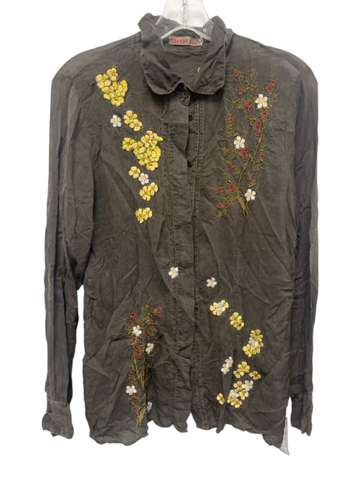 Johnny Was Size M Taupe Gray & Yellow Rayon Long Sleeve Floral Embroidery Top Taupe Gray & Yellow / M