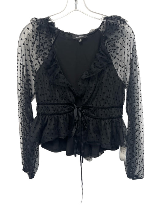 4 Sienna Size M Black Sheer Velvet Polka Dot Tie Front Top Black / M