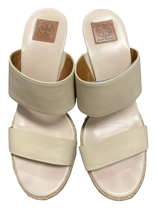 Tory Burch Shoe Size 7.5 Cream & Brown Leather Wood Detail Strappy Wedge Shoes Cream & Brown / 7.5