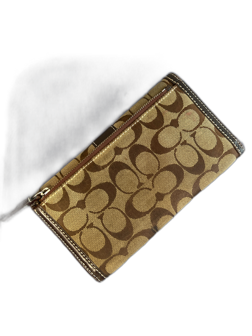 Coach Brown Leather & Canvas logo Snap Closure Zip Pocket Sean Utility Wallet Brown