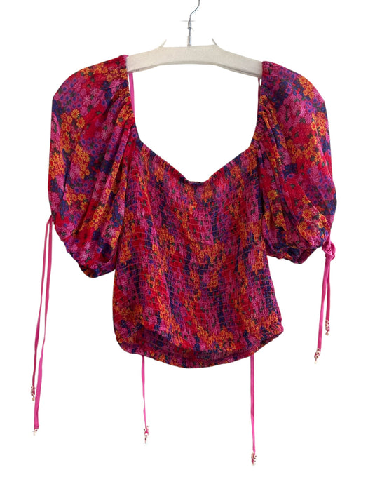 Free People Size XS Pink & Multi Viscose Off Shoulder Balloon Sleeve Shirred Top Pink & Multi / XS