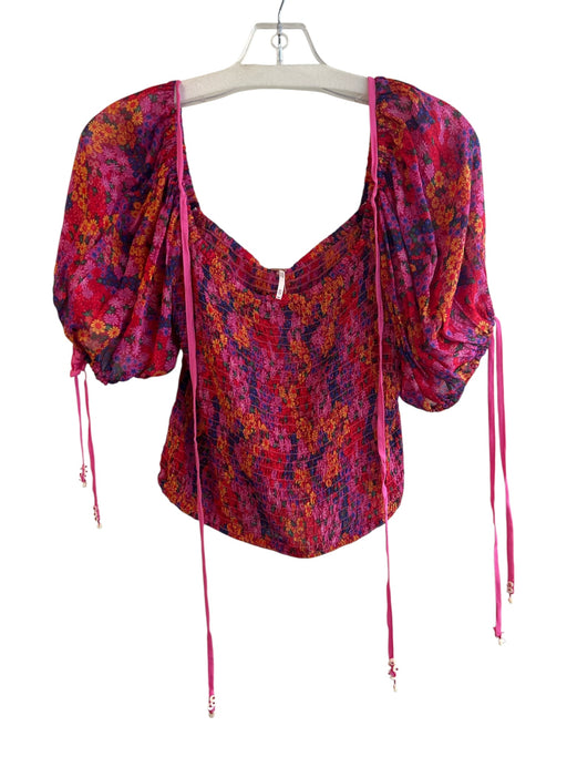 Free People Size XS Pink & Multi Viscose Off Shoulder Balloon Sleeve Shirred Top Pink & Multi / XS
