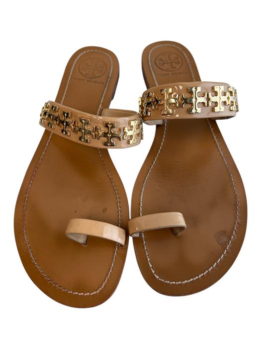 Tory Burch Shoe Size 9 Brown Leather Gold hardware toe strap Open Heel Shoes Brown / 9
