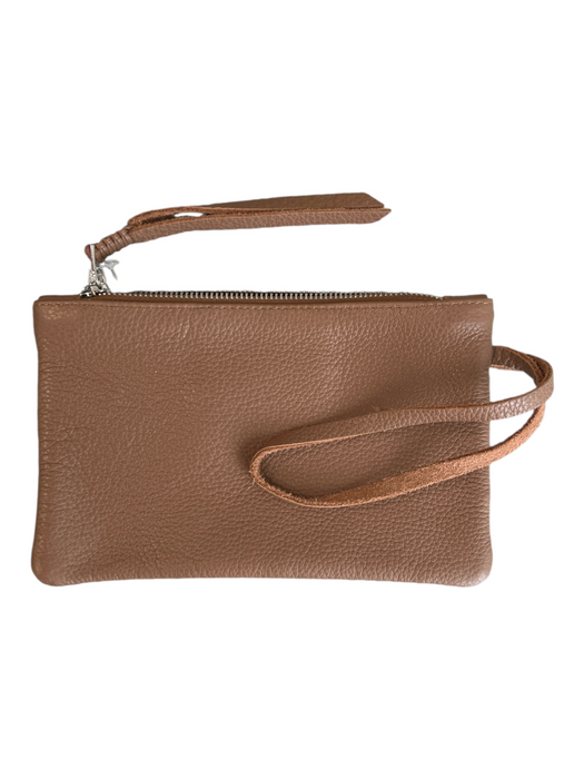 Callista Brown Leather Silver Hardware Zip Close Wristlet Bag Brown / S