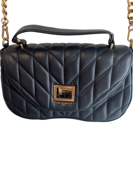 Karl Lagerfeld Black Leather Gold hardware Quilted Twist Lock Crossbody Purse Black / M
