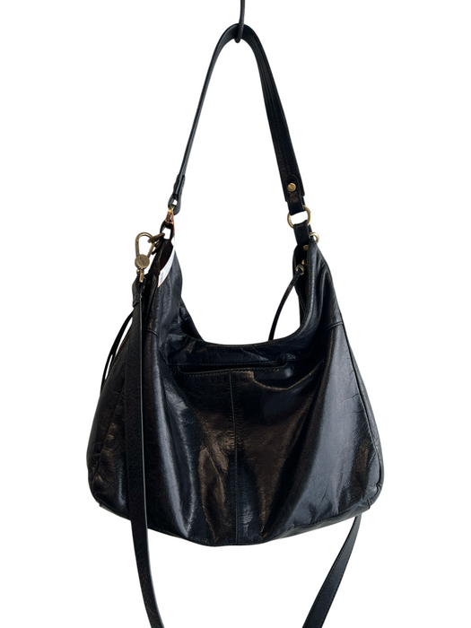 Hobo Black Leather Top Handle Gold Tone Hardware Zip Close Bag Black