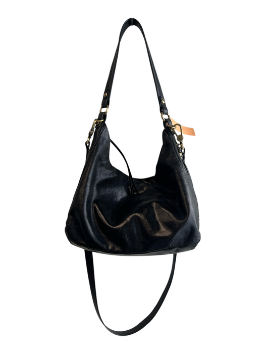 Hobo Black Leather Top Handle Gold Tone Hardware Zip Close Bag Black
