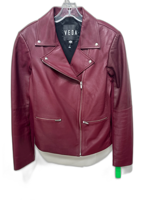 Veda Size 2 Maroon Red Leather Long Sleeve Asymmetric Zip Collar Jacket Maroon Red / 2
