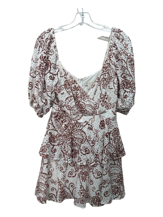 Ted Baker Size 1/S White & Brown Cotton Eyelet Floral Embroidery Surplice Dress White & Brown / 1/S