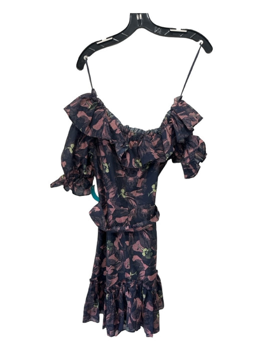 Ted Baker Size 0/XS Navy Pink Green Lyocell blend One Shoulder Ruffle Hem Dress Navy Pink Green / 0/XS