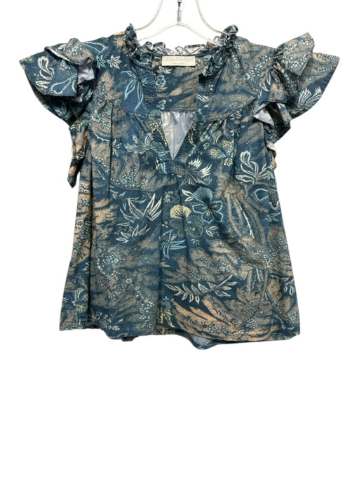 Ulla Johnson Size 2 Blue, Yellow, Orange Cotton Abstract Floral V Neck Top Blue, Yellow, Orange / 2