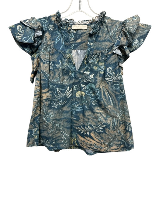 Ulla Johnson Size 2 Blue, Yellow, Orange Cotton Abstract Floral V Neck Top Blue, Yellow, Orange / 2