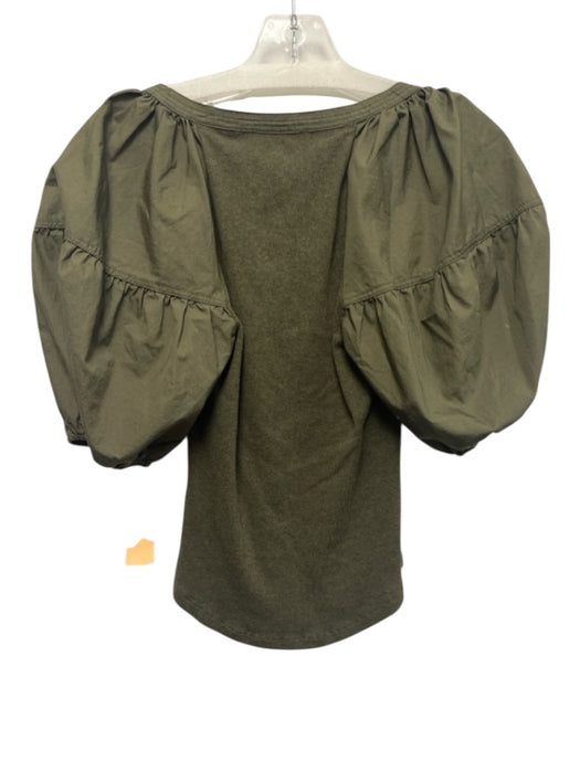 Ulla Johnson Size P Green Cotton Short Puff Sleeve Wide Neck Ribbed Top Green / P