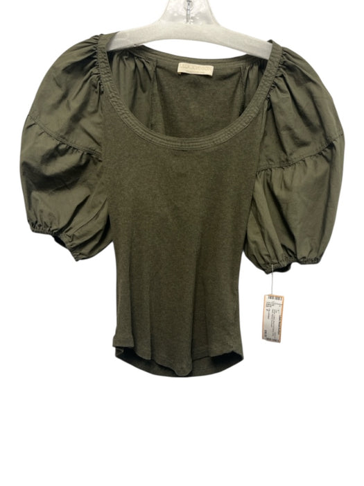 Ulla Johnson Size P Green Cotton Short Puff Sleeve Wide Neck Ribbed Top Green / P