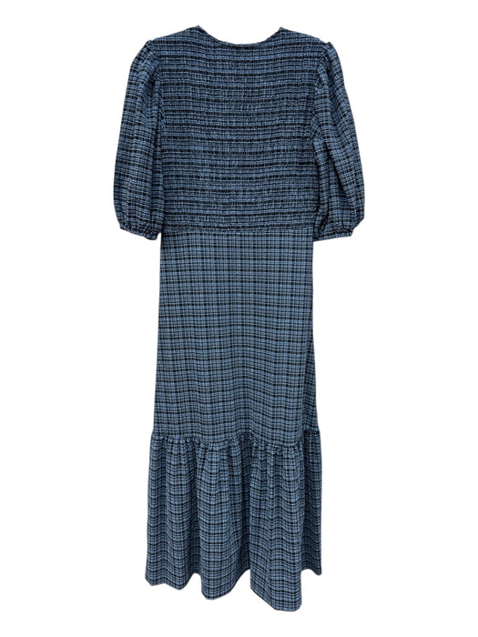 Ganni Size 36 Blue & Black Polyester Blend Half Puff Sleeve Plaid V Neck Dress Blue & Black / 36