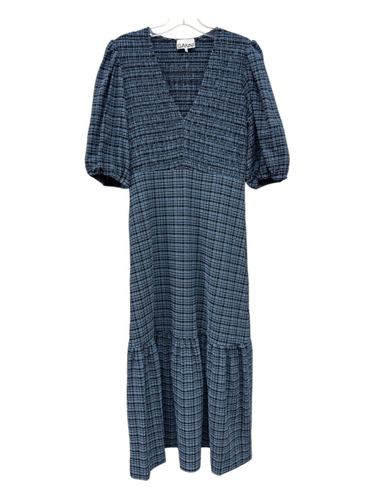 Ganni Size 36 Blue & Black Polyester Blend Half Puff Sleeve Plaid V Neck Dress Blue & Black / 36