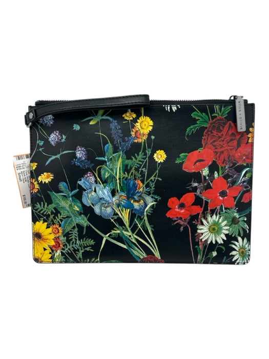 Alice + Olivia Black & Multi Leather Zip Close Floral Wristlet Clutch Bag Black & Multi / Small