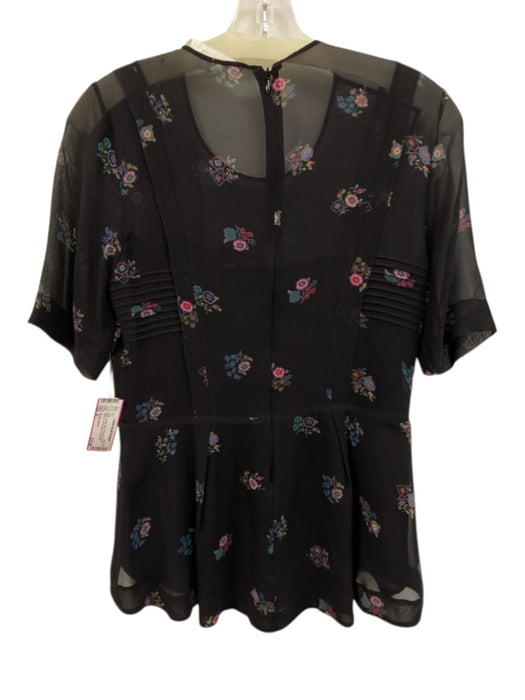 Veronica Beard Size 4 Black & Multi Silk Pintucks Flowers Back Zip Top Black & Multi / 4
