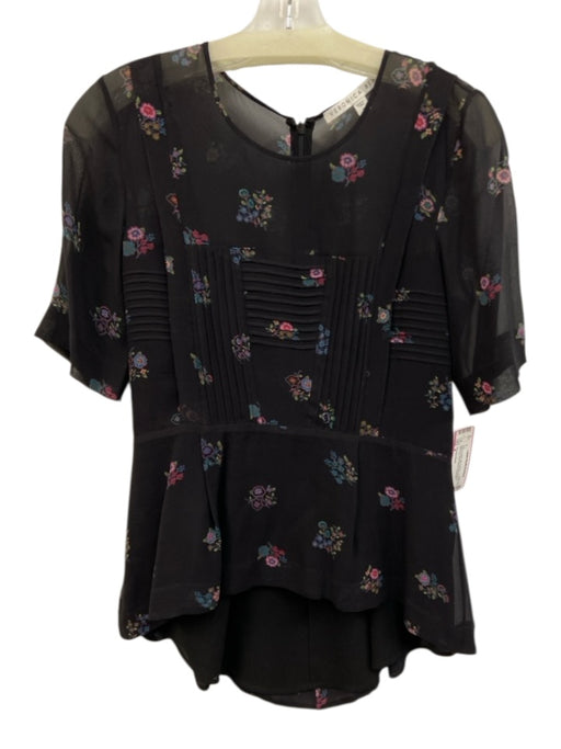 Veronica Beard Size 4 Black & Multi Silk Pintucks Flowers Back Zip Top Black & Multi / 4