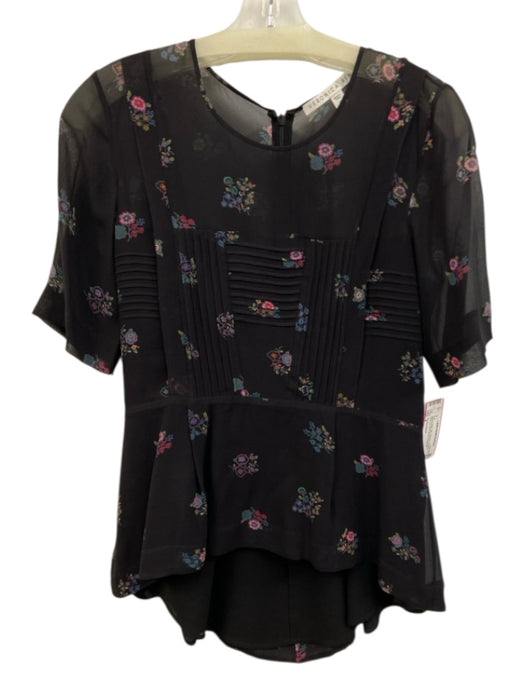 Veronica Beard Size 4 Black & Multi Silk Pintucks Flowers Back Zip Top Black & Multi / 4