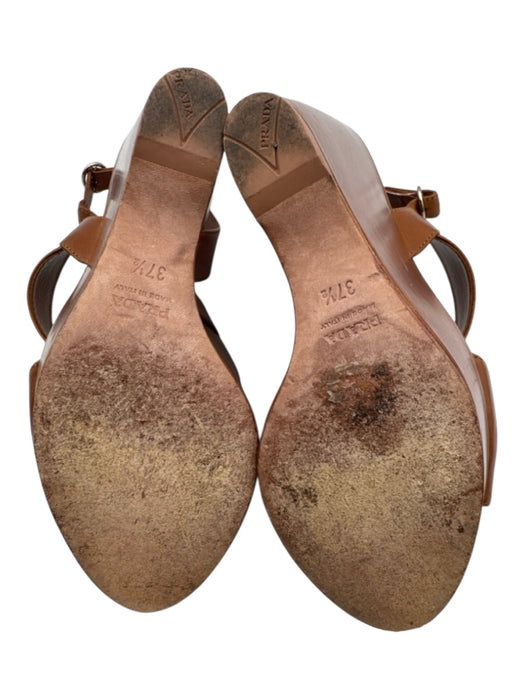 Prada Shoe Size 37.5 Cognac Brown Leather Slingback Platform Wedges Cognac Brown / 37.5