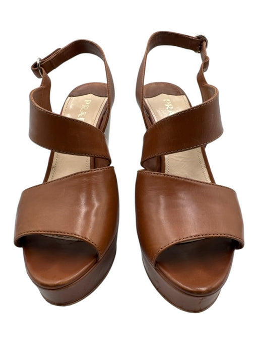 Prada Shoe Size 37.5 Cognac Brown Leather Slingback Platform Wedges Cognac Brown / 37.5
